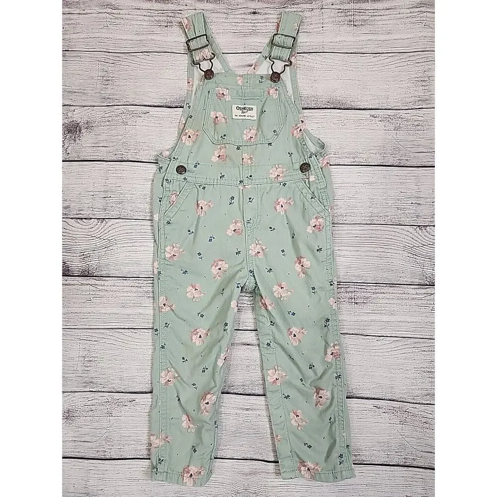 OshKosh B'Gosh Vestbak Bib Overalls Girls Size 18 Months Green Pink Floral